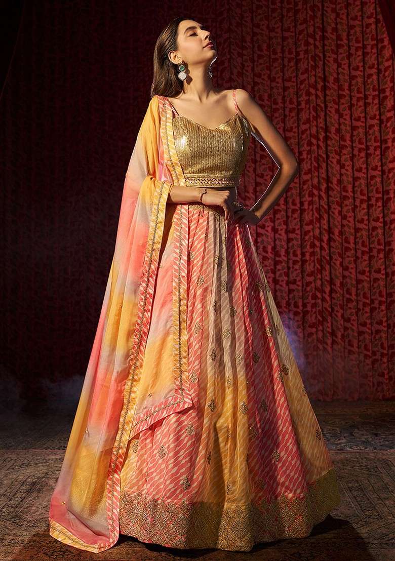 Gold Poly Blend Lehenga Set with Embroidered for Diwali | Wedding & Festive Wear - Indya