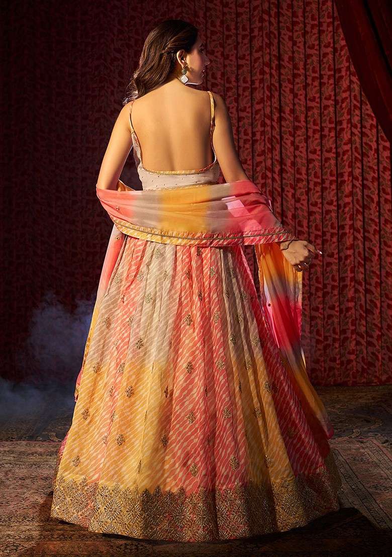 Gold Poly Blend Lehenga Set with Embroidered for Diwali | Wedding & Festive Wear - Indya