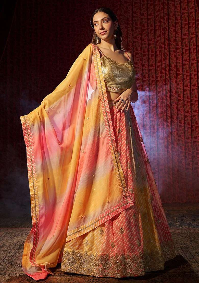 Gold Poly Blend Lehenga Set with Embroidered for Diwali | Wedding & Festive Wear - Indya