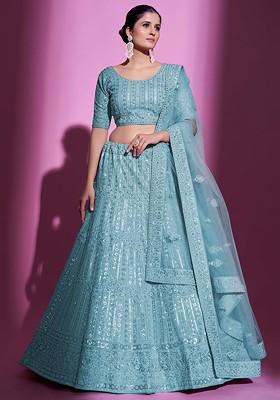Blue Embellished Poly Blend Lehenga Set