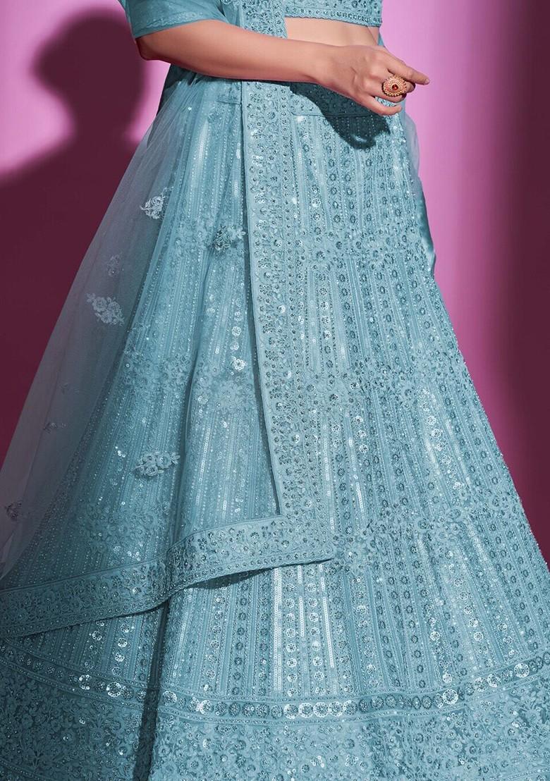Blue Embellished Poly Blend Lehenga Set