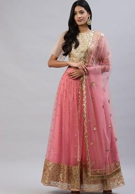 Pink Embellished Poly Blend Lehenga Set