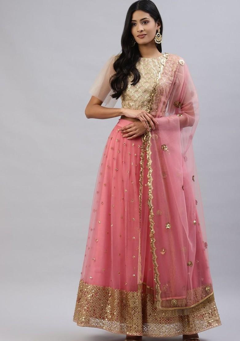 Pink Embellished Poly Blend Lehenga Set