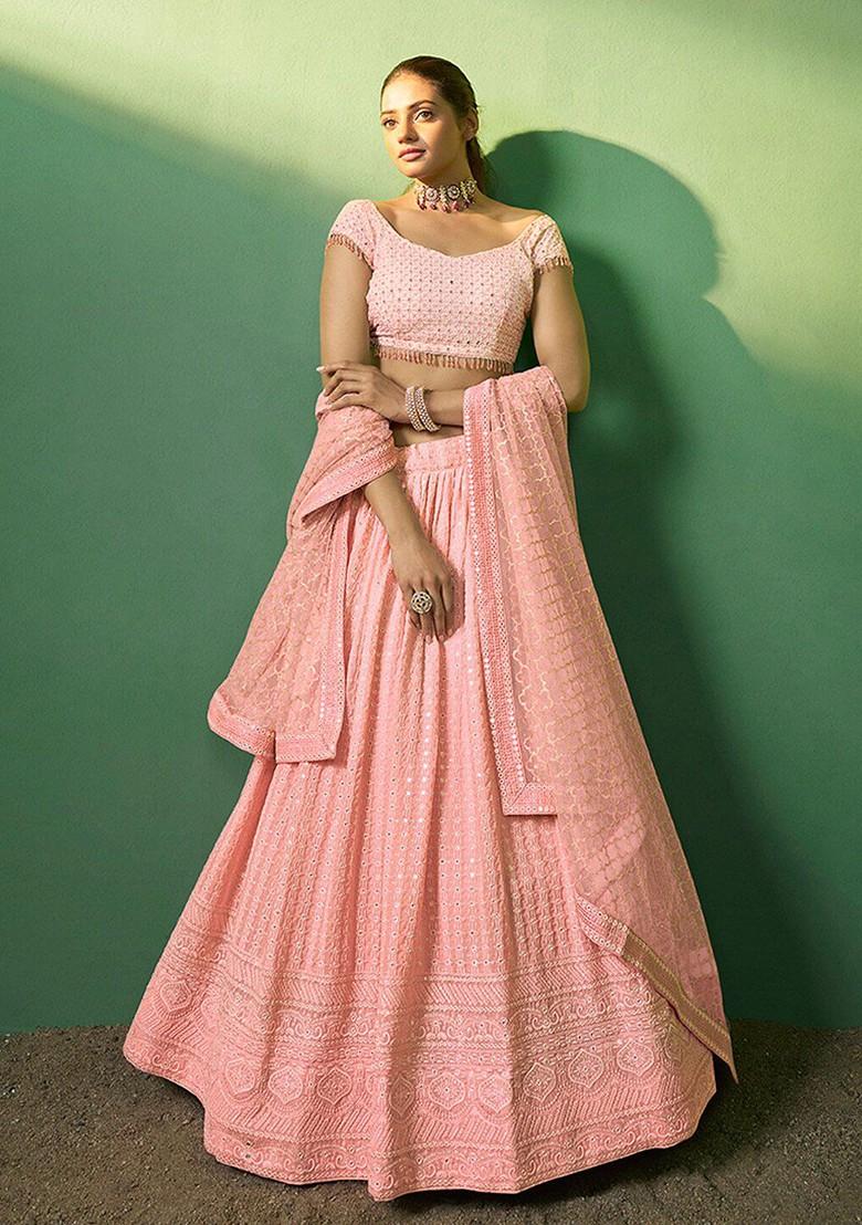 Peach Embroidered Poly Blend Lehenga Set