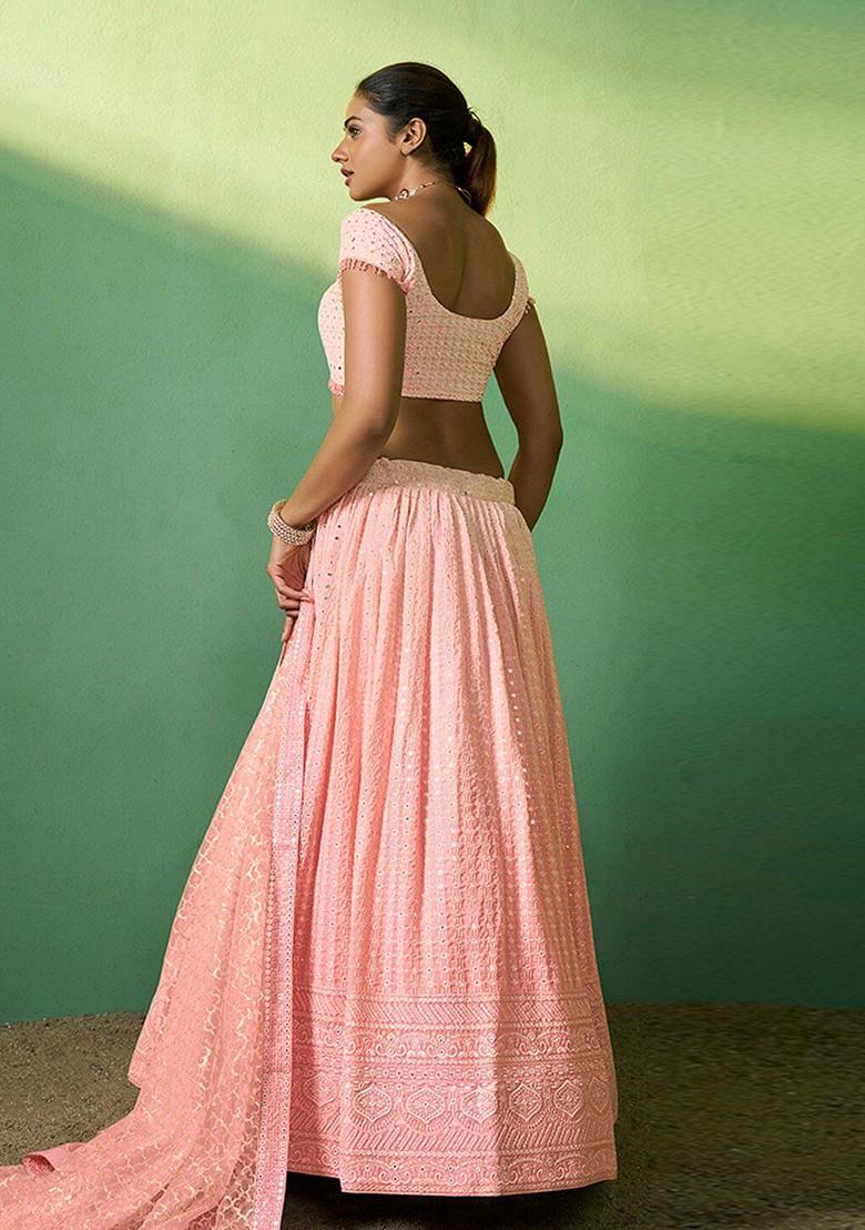 Peach Embroidered Poly Blend Lehenga Set