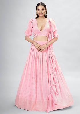Pink Embroidered Poly Blend Lehenga Set
