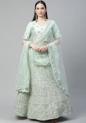 Green Embellished Poly Blend Lehenga Set