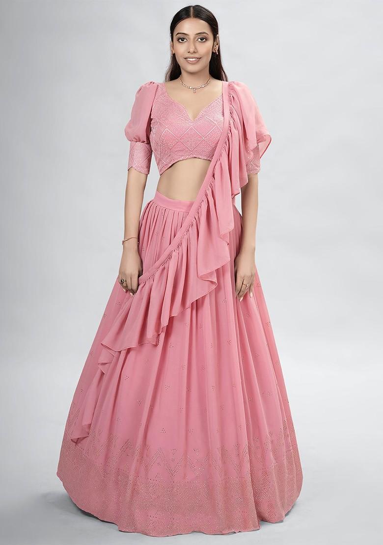 Rose Pink Embellished Poly Blend Lehenga Set