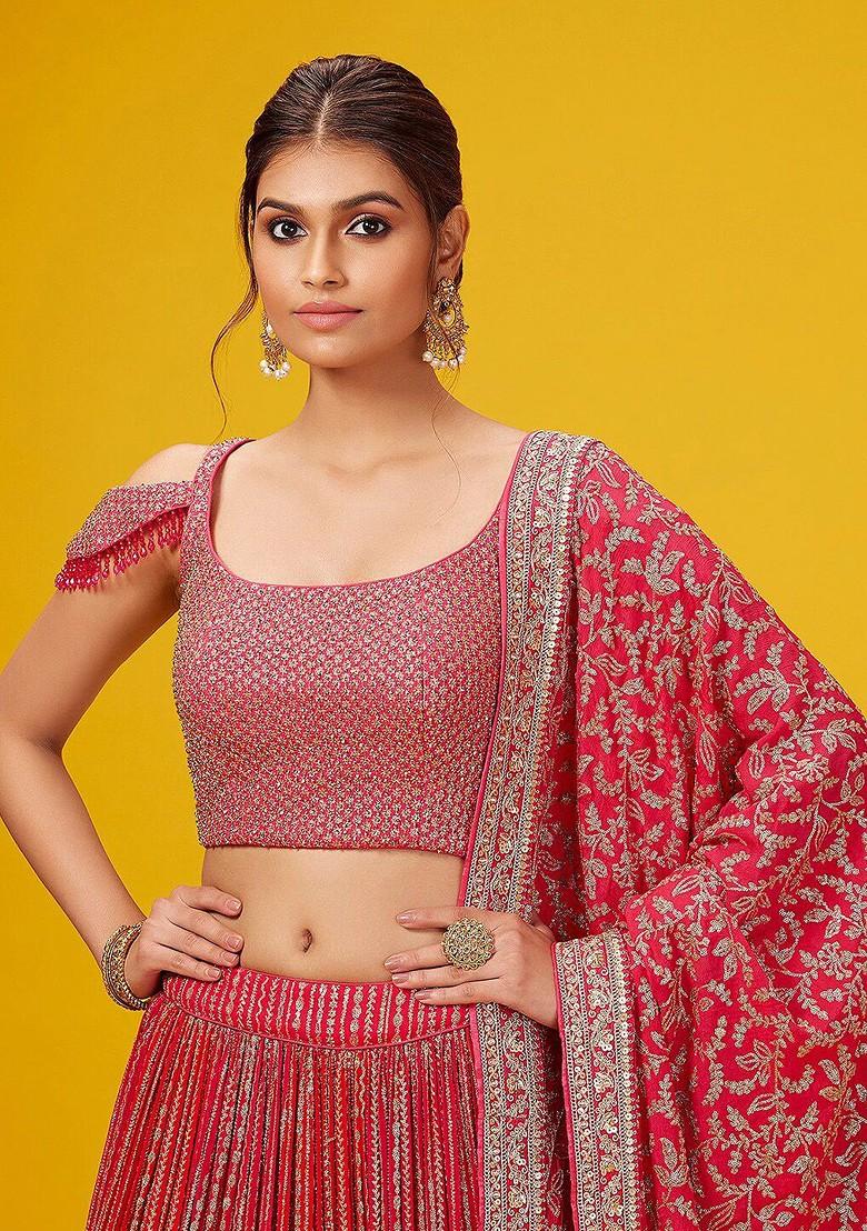 Red Embroidered Poly Blend Lehenga Set