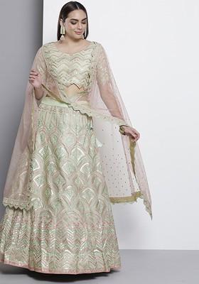 Sea Green Embroidered Poly Blend Lehenga Set