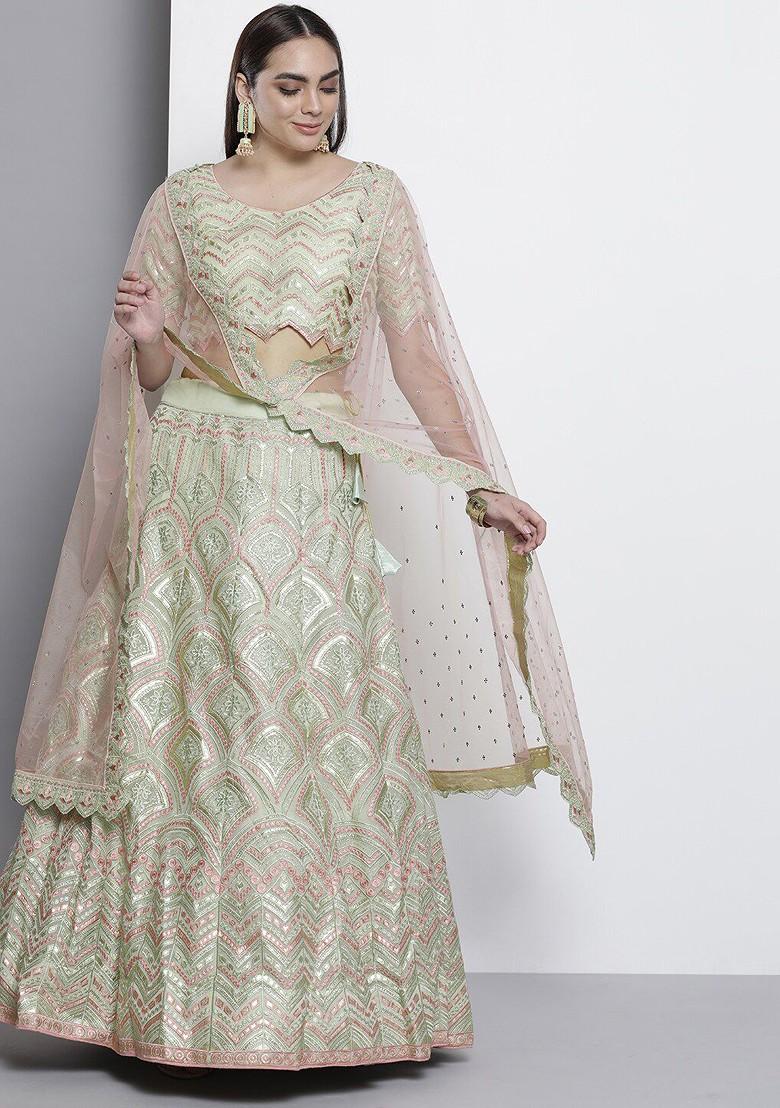 Sea Green Embroidered Poly Blend Lehenga Set