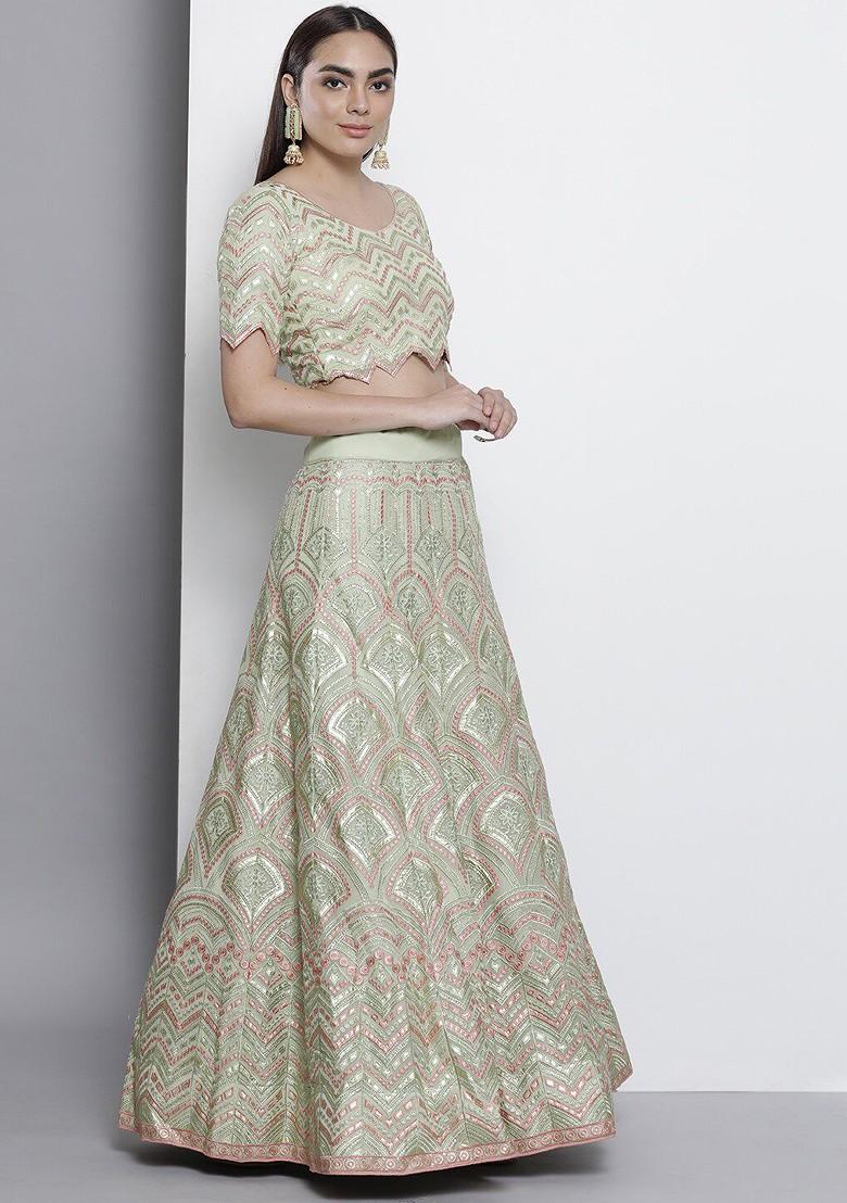 Sea Green Embroidered Poly Blend Lehenga Set
