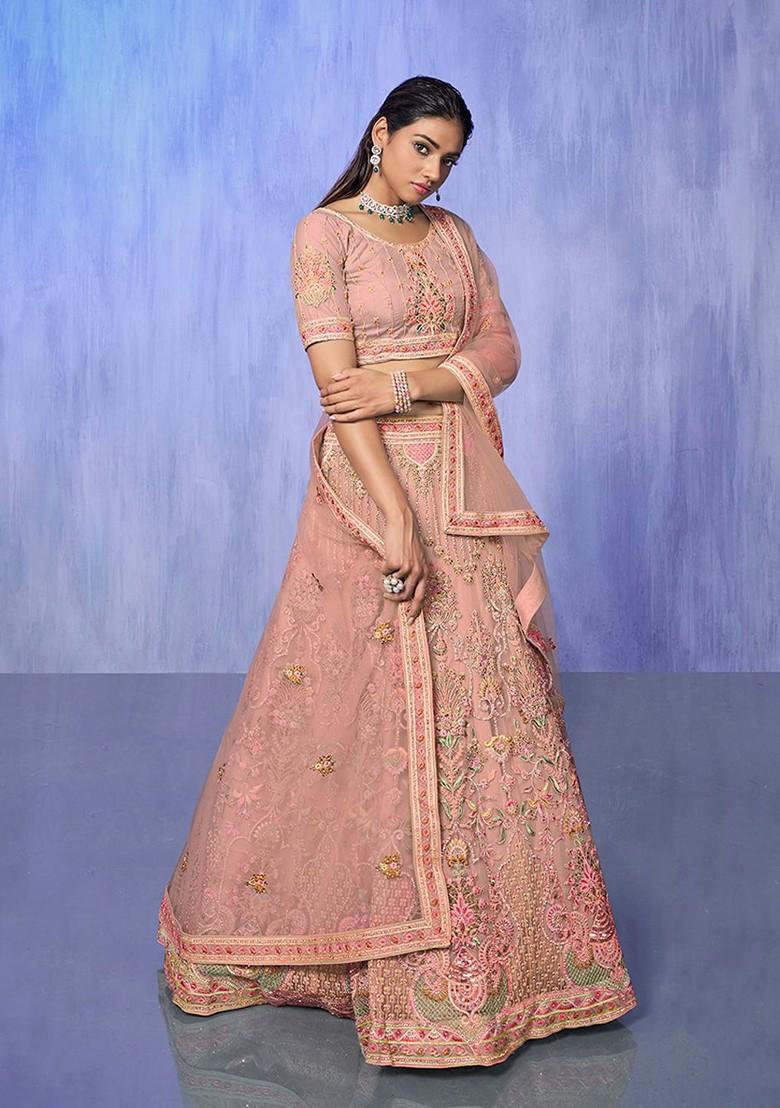 Peach Embroidered Poly Blend Lehenga Set