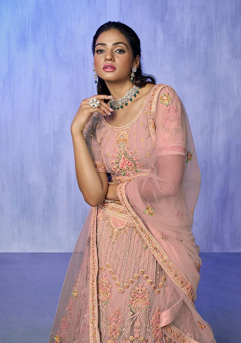 Peach Embroidered Poly Blend Lehenga Set