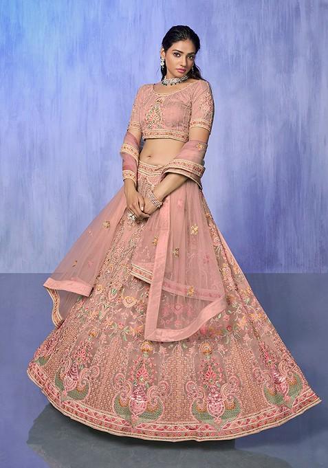 Peach Embroidered Poly Blend Lehenga Set