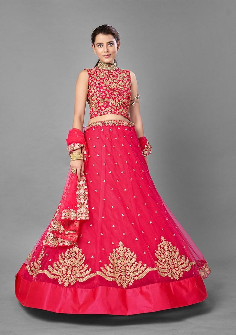 Pink Embroidered Poly Blend Lehenga Set