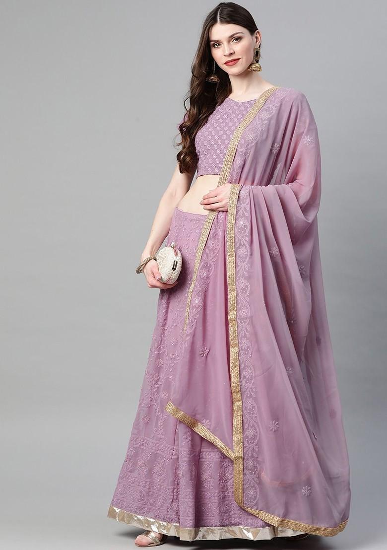 Lavender Embroidered Poly Blend Lehenga Set