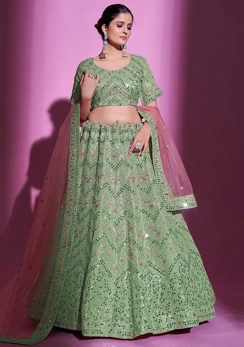 Green Embellished Poly Blend Lehenga Set