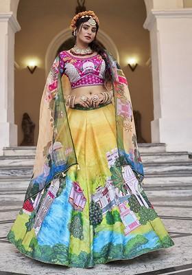 Yellow Printed Poly Blend Lehenga Set