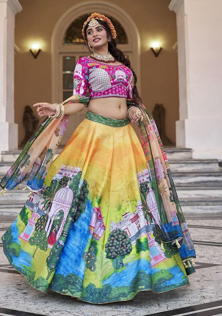 Yellow Printed Poly Blend Lehenga Set