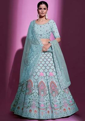 Blue Embellished Poly Blend Lehenga Set