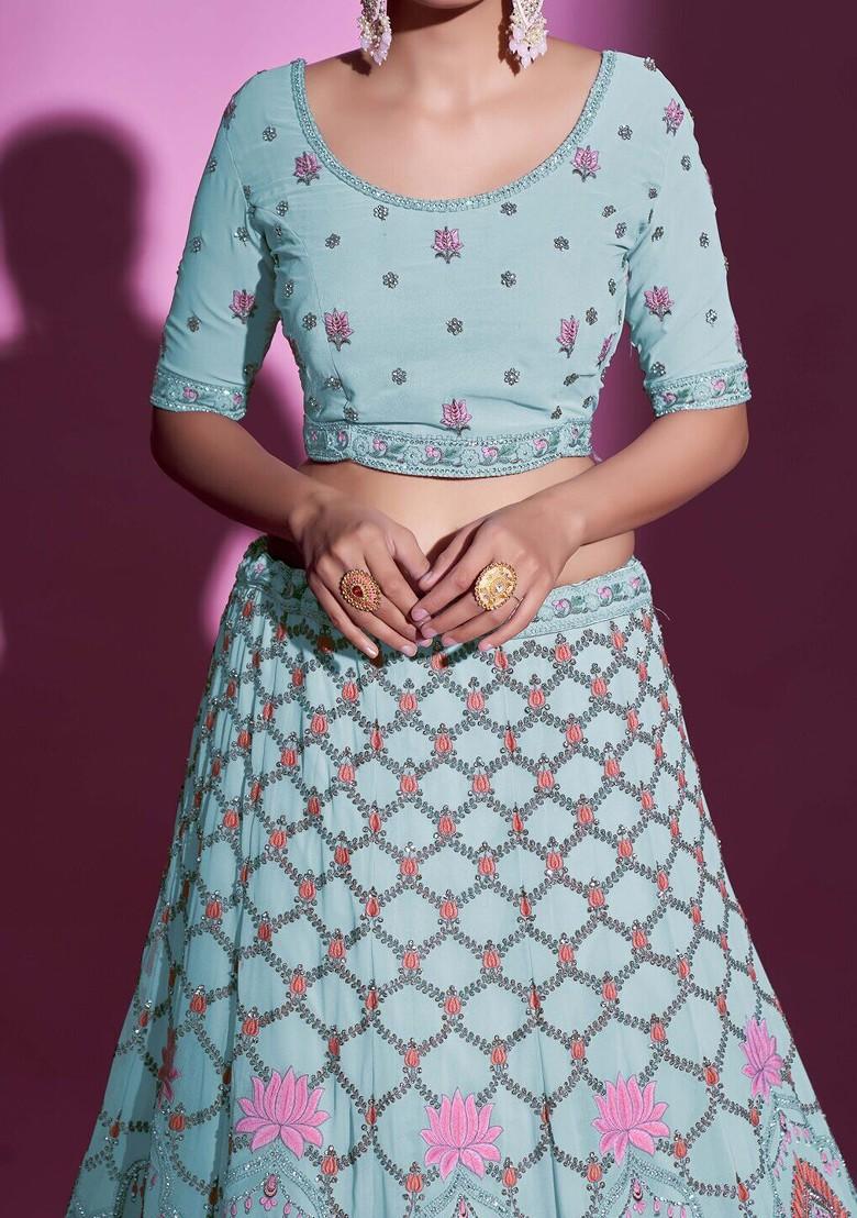 Blue Embellished Poly Blend Lehenga Set