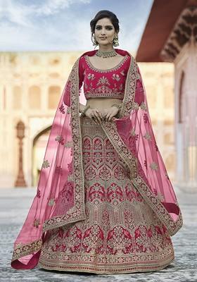 Pink Embroidered Poly Blend Lehenga Set