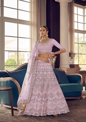 Pink Embroidered Poly Blend Lehenga Set