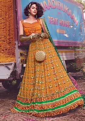 Mustard Yellow Embroidered Poly Blend Lehenga Set