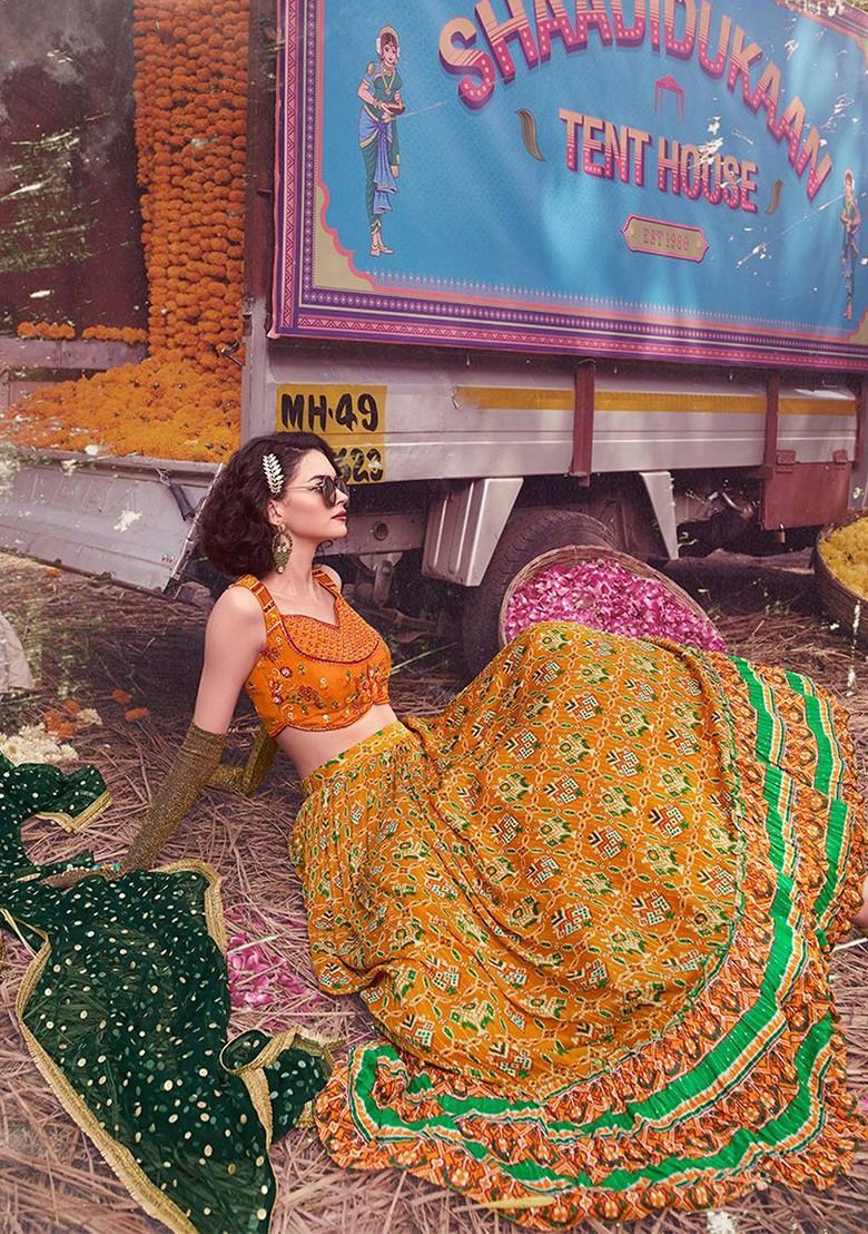 Mustard Yellow Embroidered Poly Blend Lehenga Set