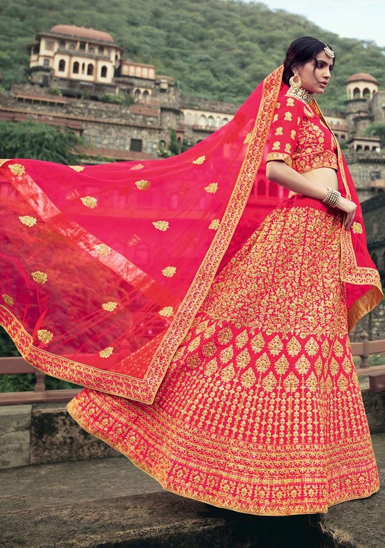 Pink Embroidered Poly Blend Lehenga Set