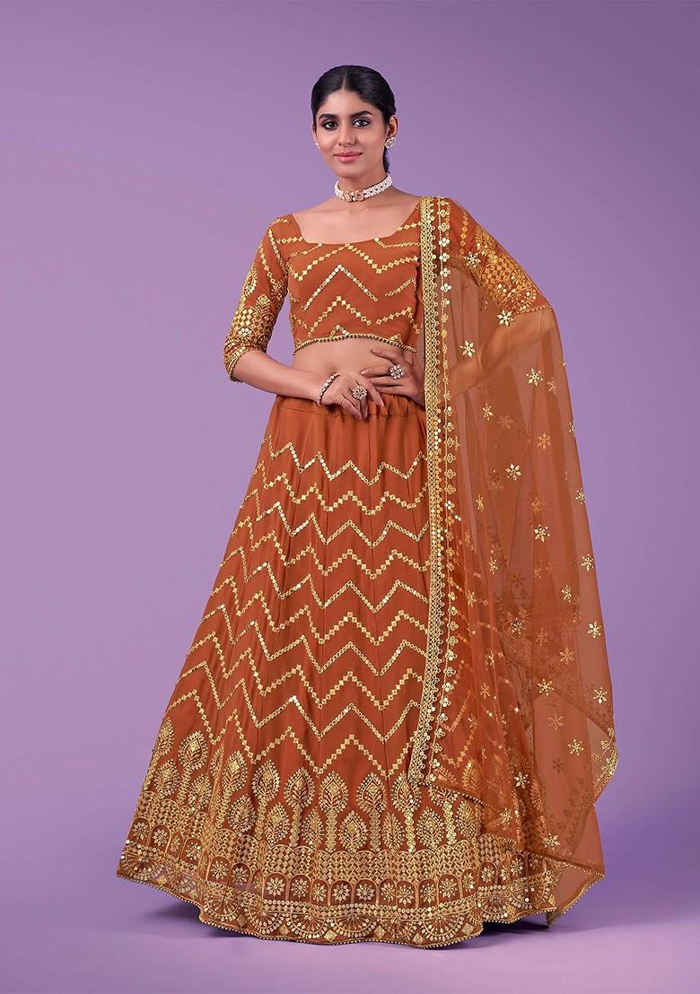 Orange Embroidered Poly Blend Lehenga Set