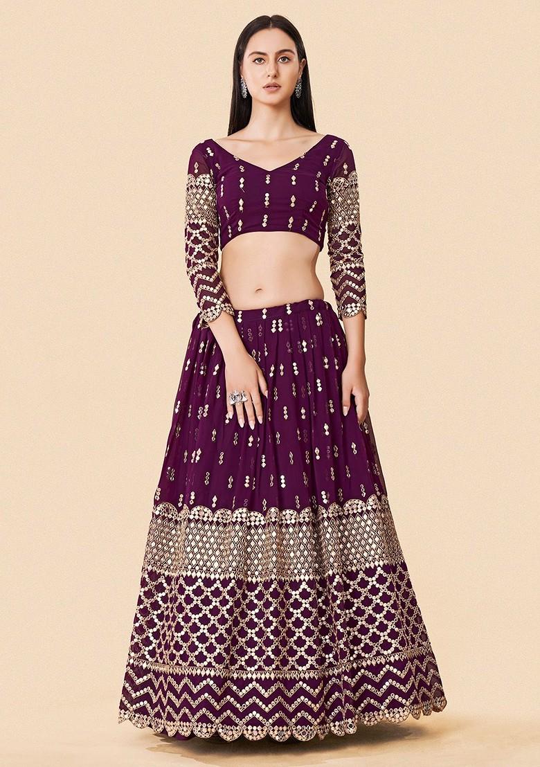 Burgundy Embroidered Poly Blend Lehenga Set