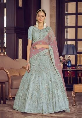 Turquoise Blue Embroidered Poly Blend Lehenga Set