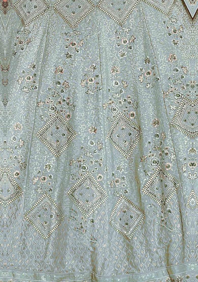 Turquoise Blue Embroidered Poly Blend Lehenga Set