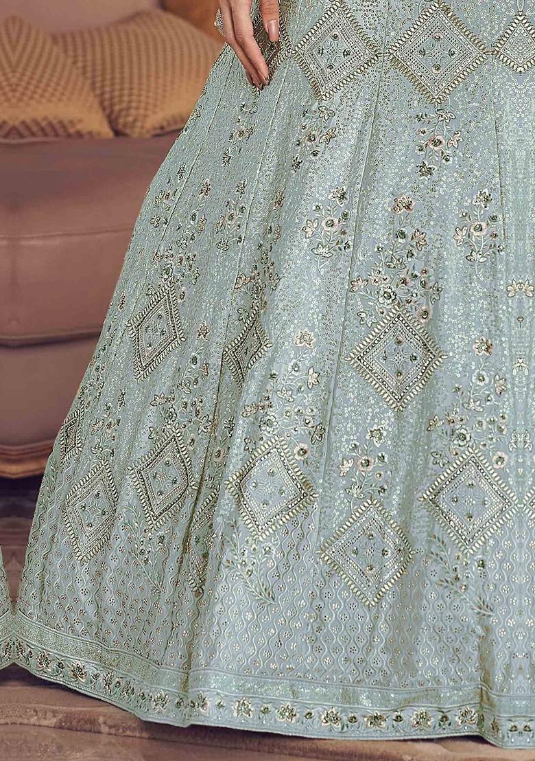 Turquoise Blue Embroidered Poly Blend Lehenga Set