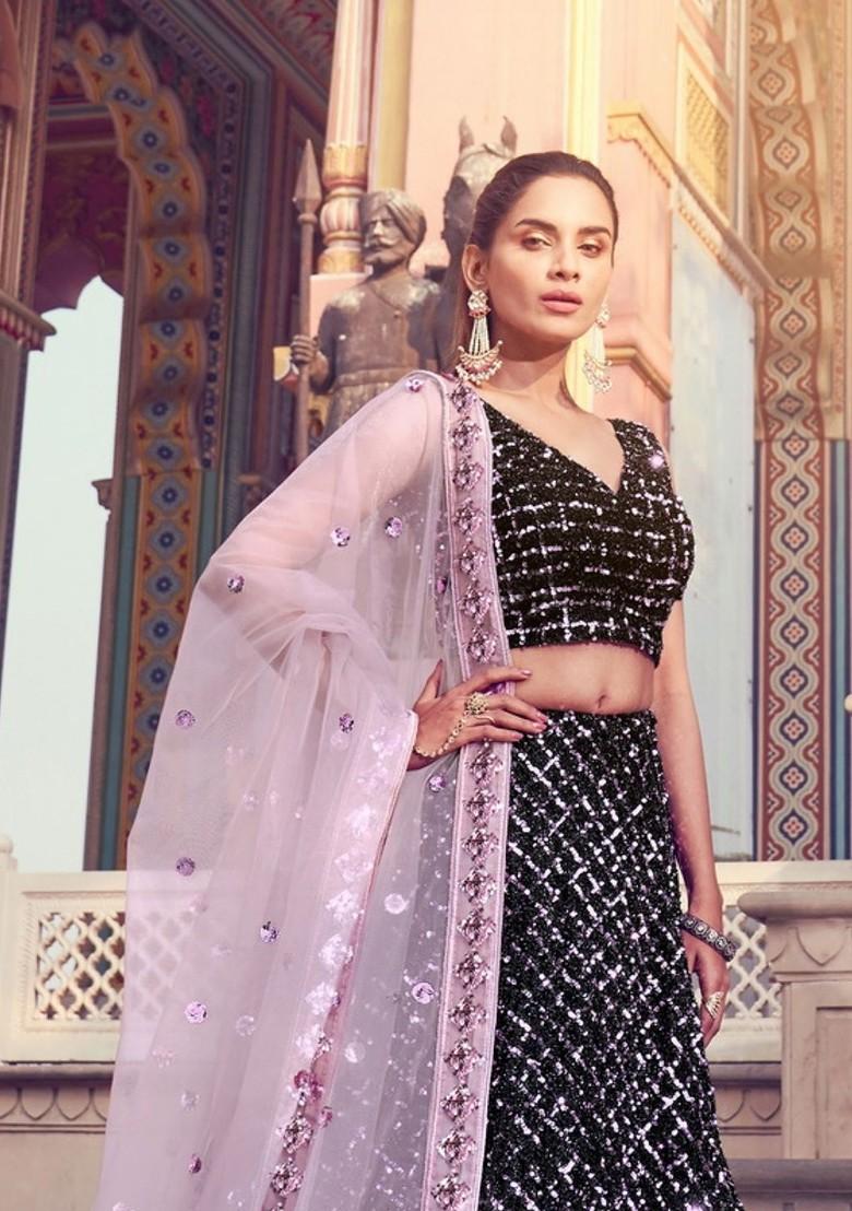 Black Embroidered Poly Blend Lehenga Set