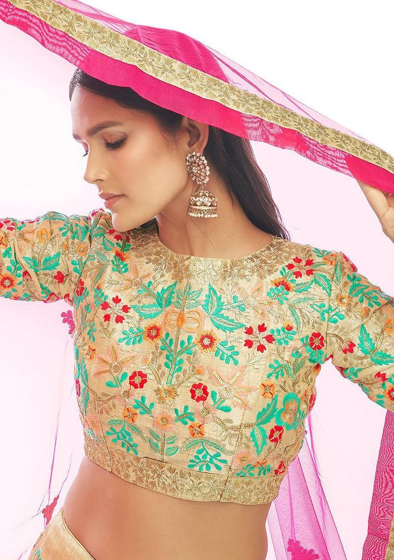 Cream Embroidered Poly Blend Lehenga Set