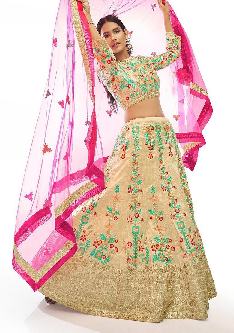 Cream Embroidered Poly Blend Lehenga Set