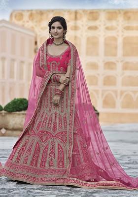 Pink Embroidered Poly Blend Lehenga Set