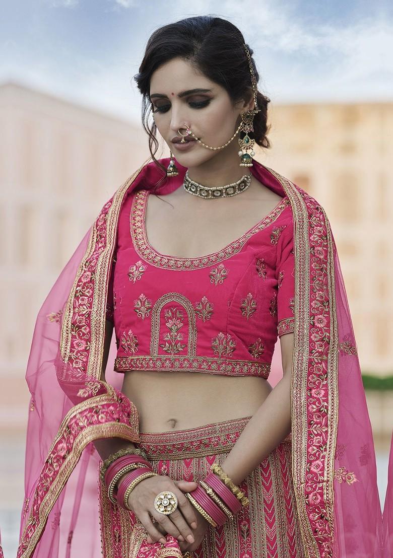 Pink Embroidered Poly Blend Lehenga Set
