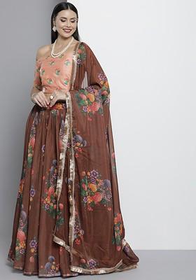 Brown Embroidered Poly Blend Lehenga Set