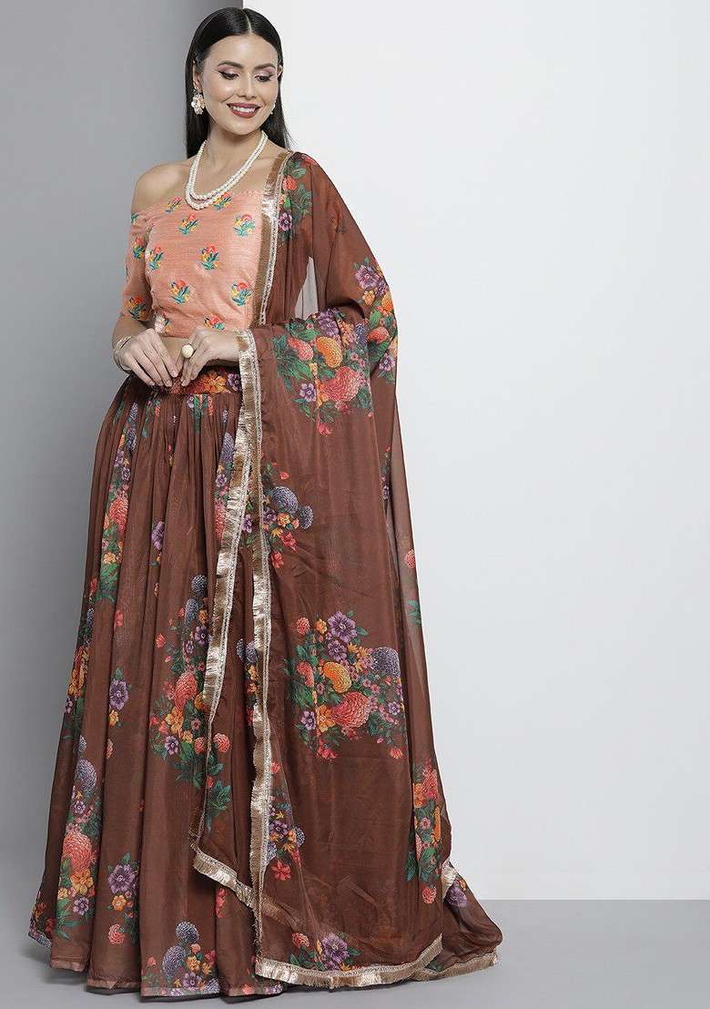 Brown Embroidered Poly Blend Lehenga Set for Diwali and Festive Wear - Indya
