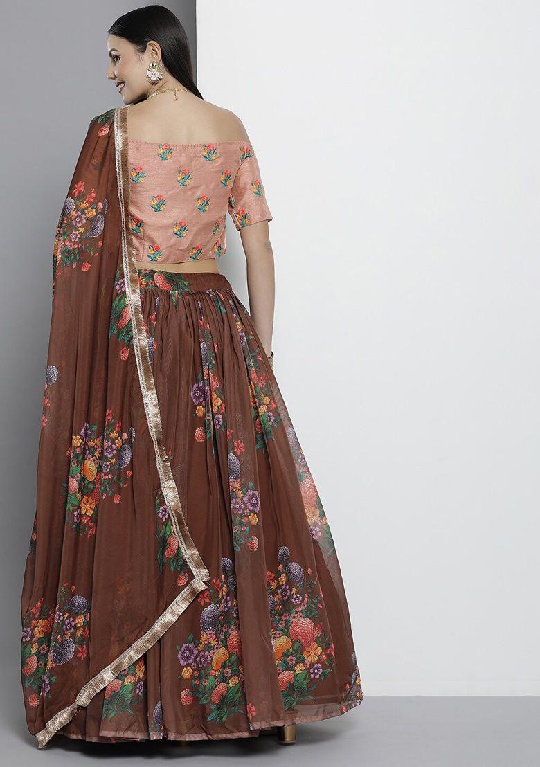 Brown Embroidered Poly Blend Lehenga Set