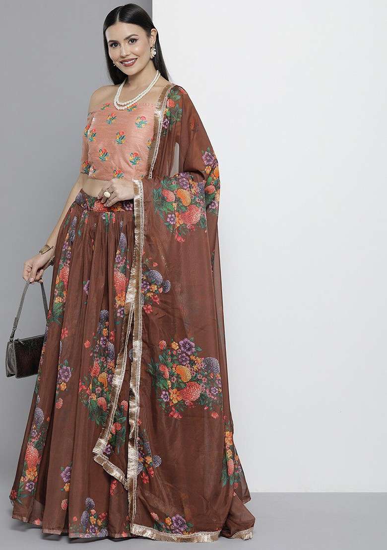 Brown Embroidered Poly Blend Lehenga Set for Diwali and Festive Wear - Indya