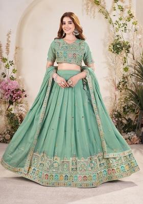 Sea Green Embroidered Georgette Lehenga Set With Dupatta