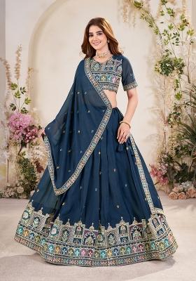 Blue Embroidered Georgette Lehenga Set With Dupatta
