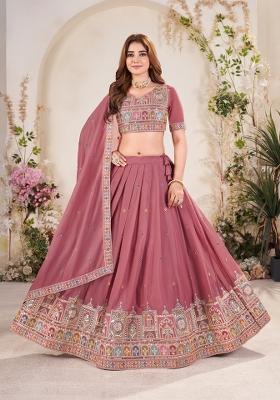 Pink Embroidered Georgette Lehenga Set With Dupatta