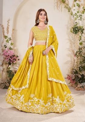 Yellow Embroidered Silk Lehenga Set With Dupatta