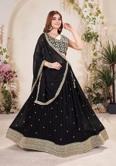 Black Embroidered Georgette Lehenga Set With Dupatta
